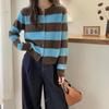Women's Color Block Wool Cardigan - Autumn/Winter Round Neck Knit Sweater with Contrast Stripes