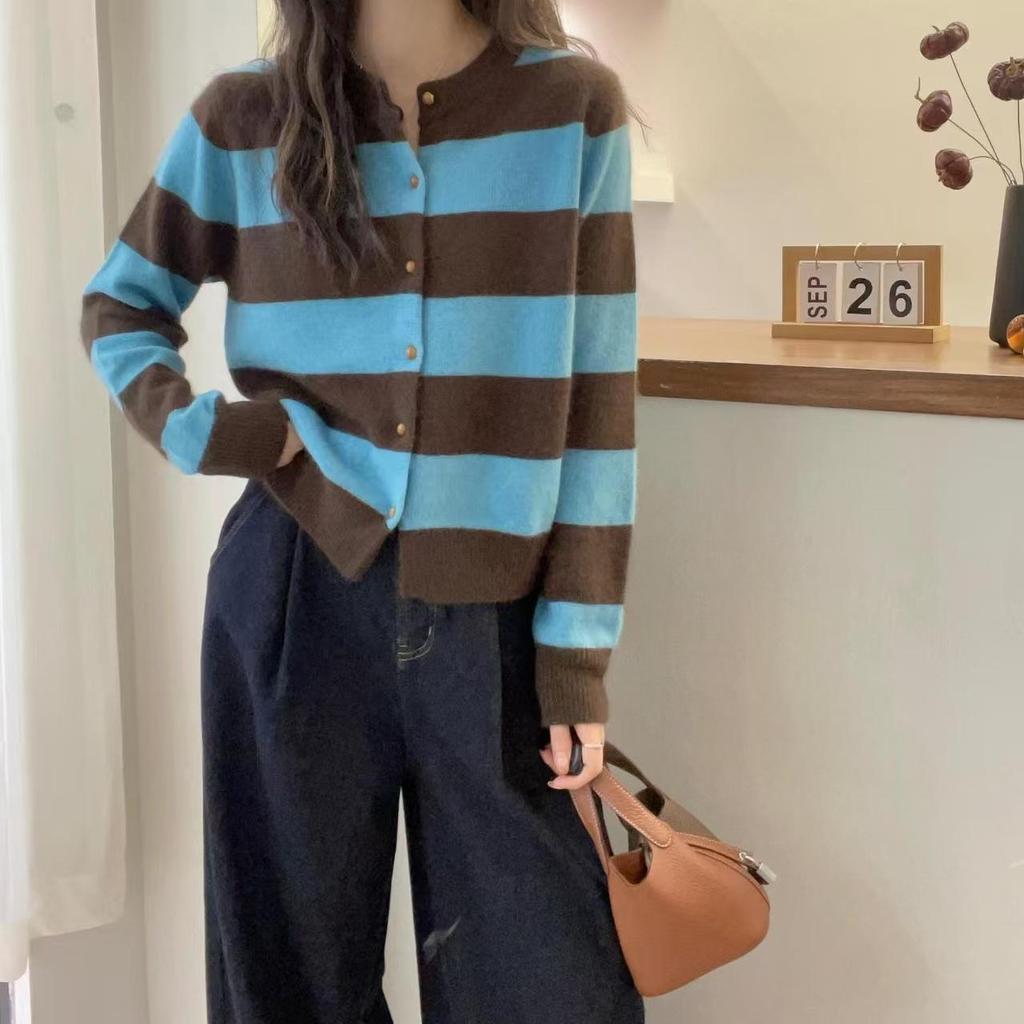 Women's Color Block Wool Cardigan - Autumn/Winter Round Neck Knit Sweater with Contrast Stripes