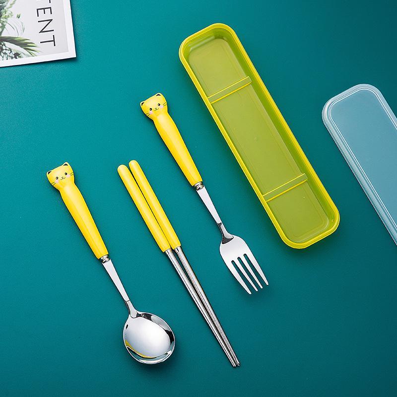 3Pcs Cute Cat Kids Tableware Set Stainless Steel Spoon Fork Chopsticks Portable Cutlery Kit For Student School Travel Use