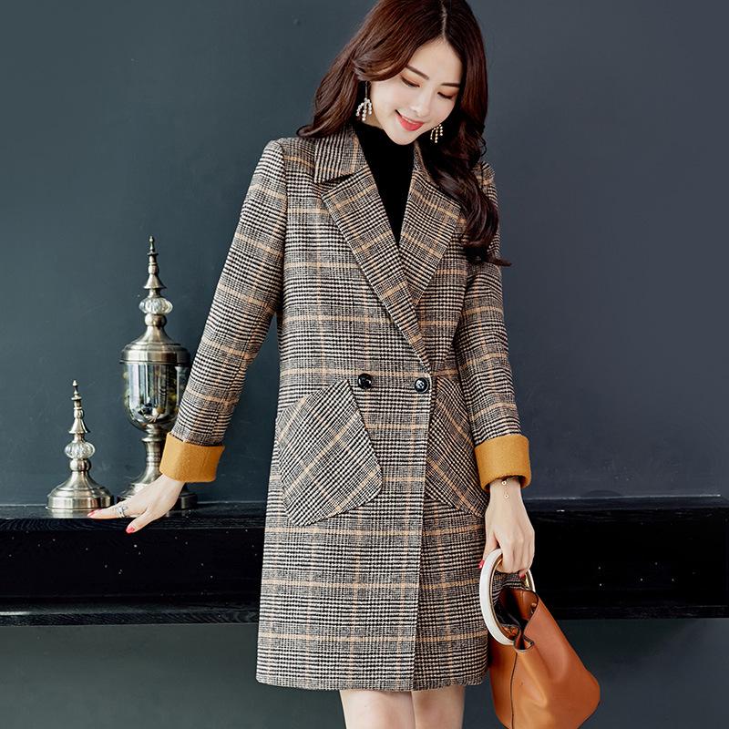 Checkered Woolen Coat for Women Medium Long Wool Trenches Korean Fashion Plaid Winter Jackets Woolen Coats