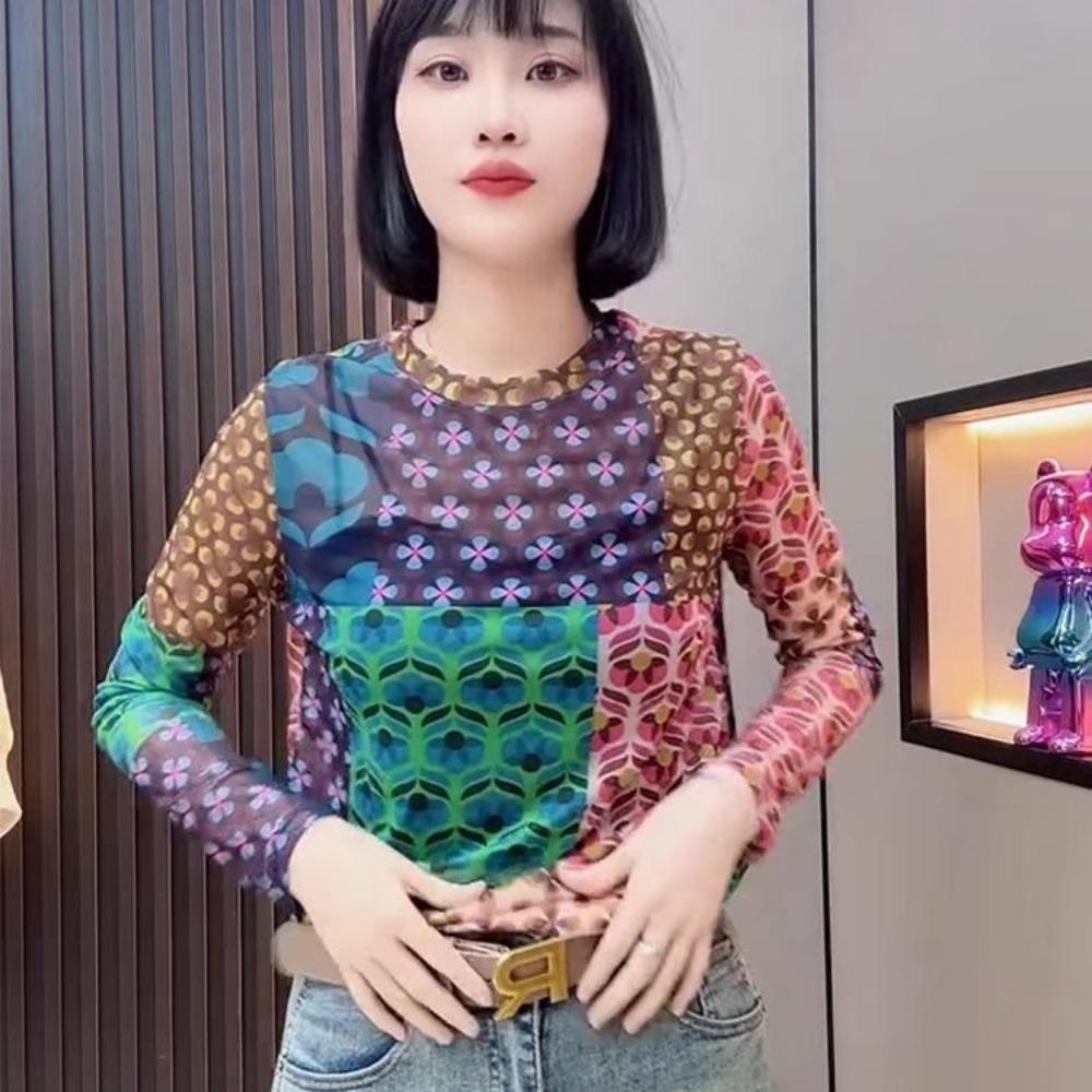 

Женская летняя футболка с цветочным сетчатым стрейч-материалом для защиты от солнца, новый стиль, тонкий топ с длинным рукавом 3XL разноцветный