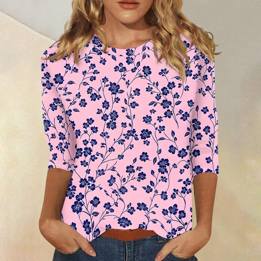 Damen Lässiges Blumenmuster Oberteil Dreiviertelarm Rundhals Bluse Leicht Bequeme Passform Stilvolles Design