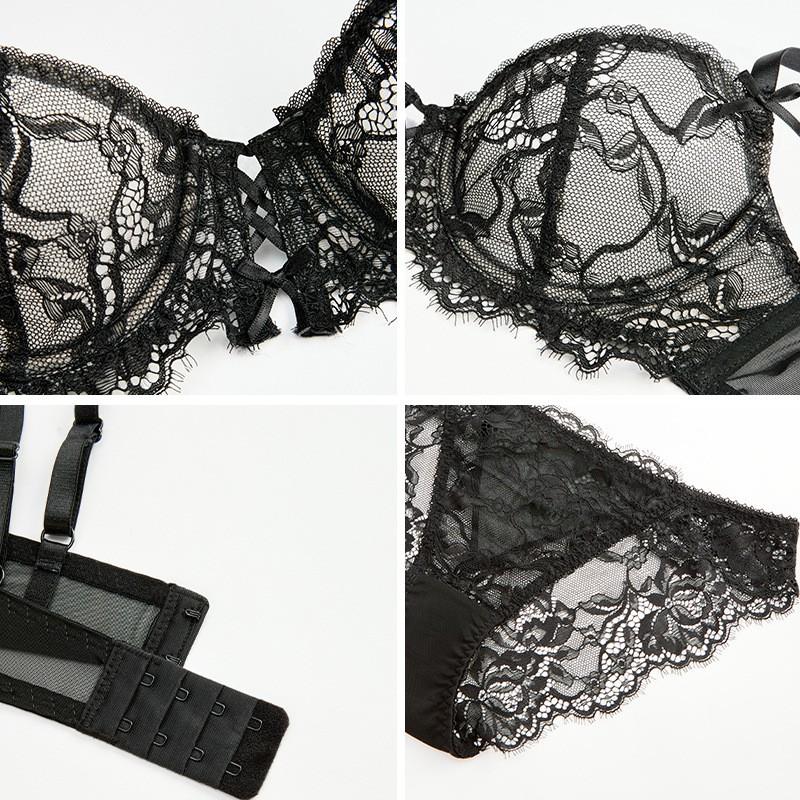 Lace Bra Set Women Lightweight Breathable 3/4 Cup Underwire-Free Push-Up Panty Large Bust