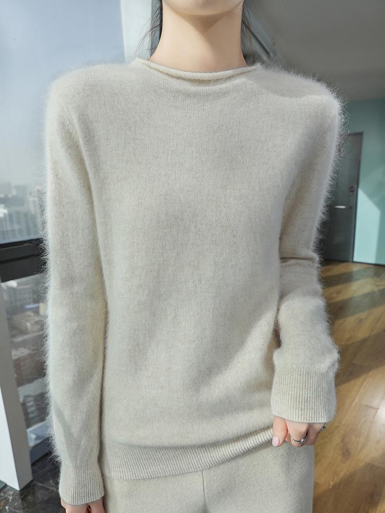 2025 Women's Mink Cashmere Sweater: Semi-High Neck, Rolled Edge Knitted Pullover for Spring & Autumn