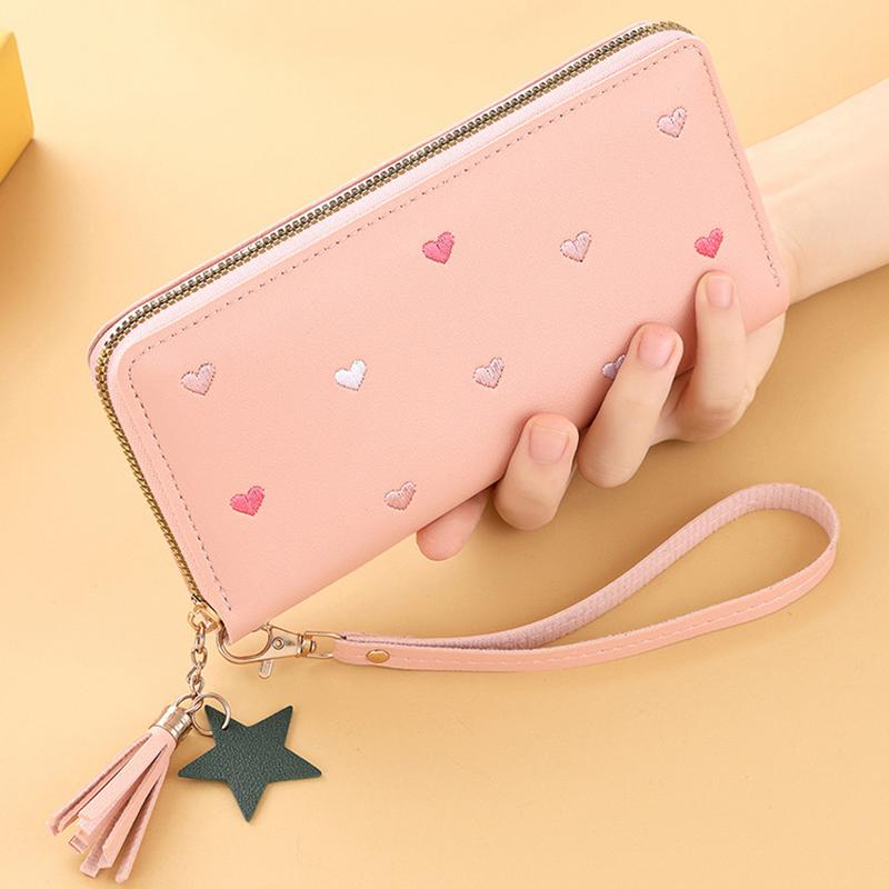 New Long Women Wallet With Heart-Shaped Korean Style Tassel Embroidery Card Holder For Women
