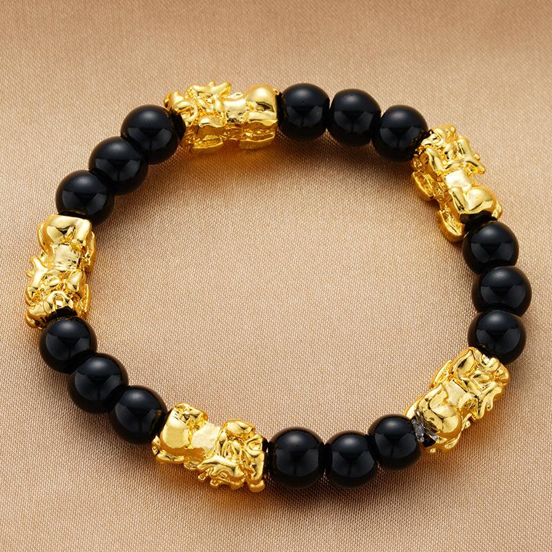 Black and Red Agate Couple's Pixiu Bracelet Sand Gold Bracelet Gold-plated Hand Jewelry Beads for Men and Women