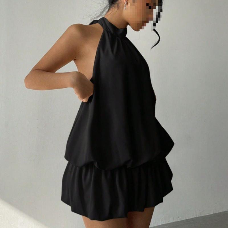 

Европейское и американское летнее однотонное платье с вырезом на шее, открытыми плечами, приталенное и пышное M