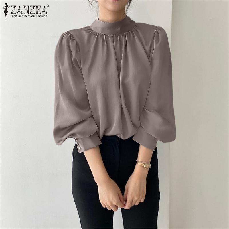 

ZANZEA Женская летняя повседневная блузка с круглым вырезом и длинными рукавами