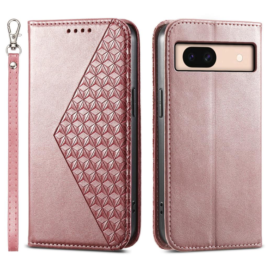 For Google Pixel 8a Case Imprinted Rhombus Pattern PU Leather Phone Cover with Handy Strap