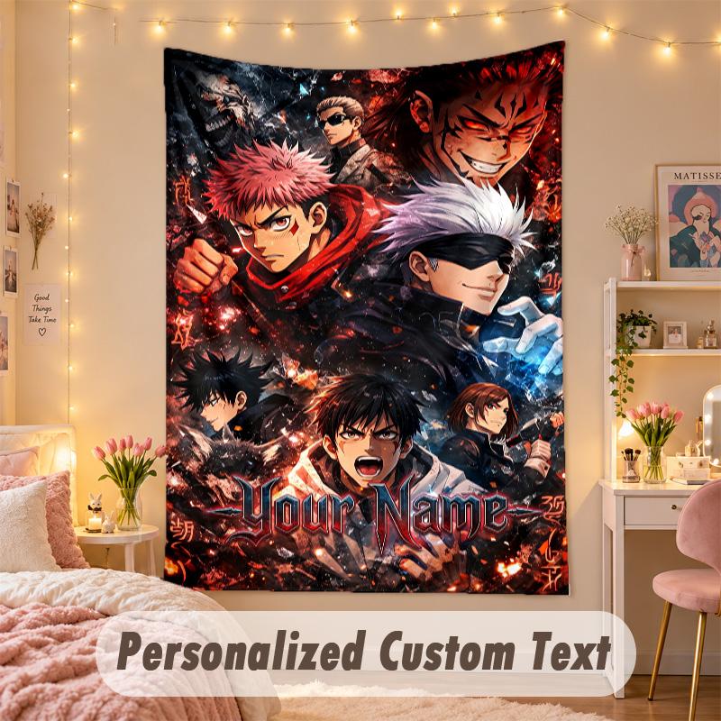 Benutzerdefinierter personalisierter Wandteppich, Jujutsu Kaisen Druck Benutzerdefinierter Name Text Wandkunst zum Aufhängen für Schlafzimmer