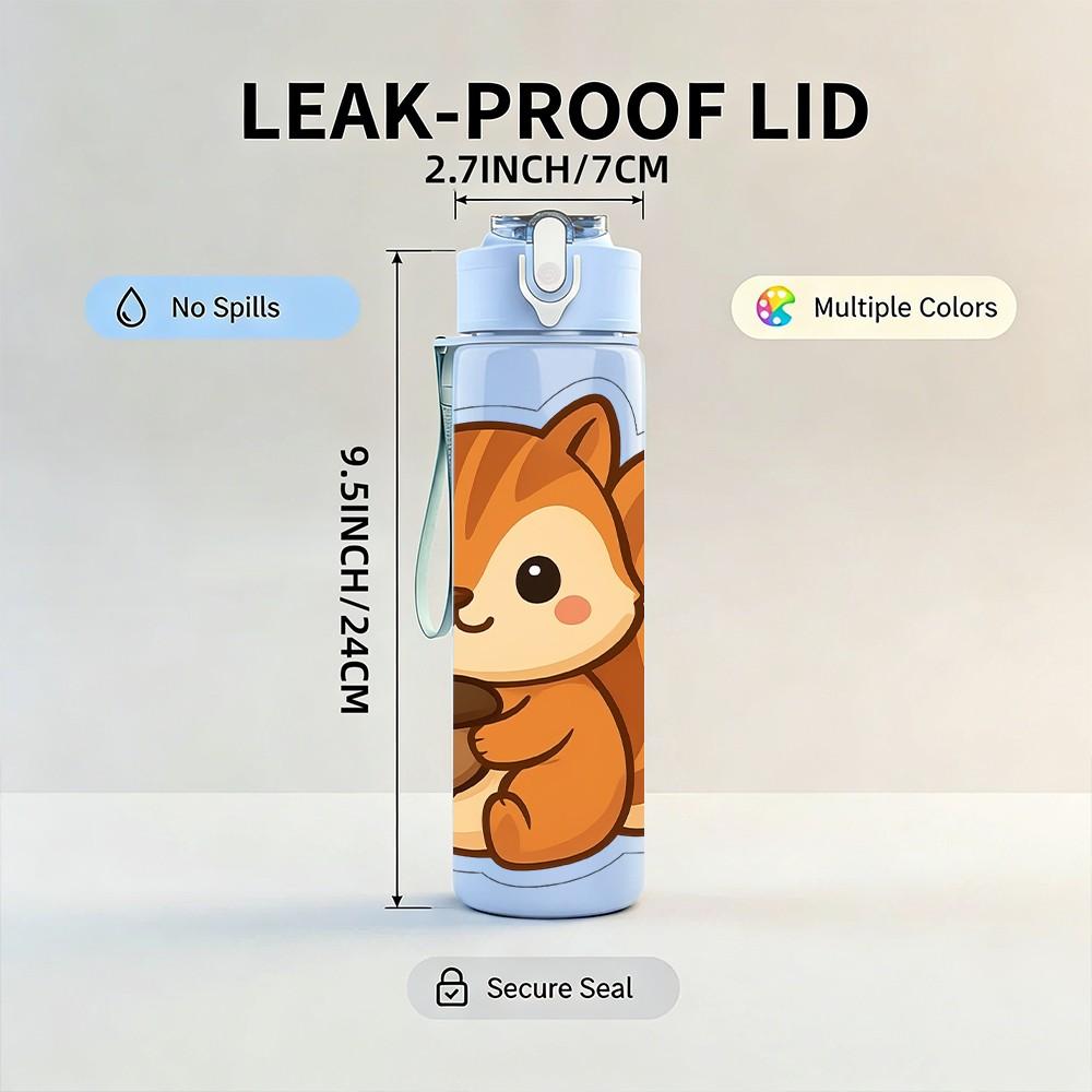 1PC Cute Sitting Squirrel Cartoon Print 750ml Color Plastic Sports Water Bottle Leakproof Flip Straw Lid Suitable for Sports Office Home Use