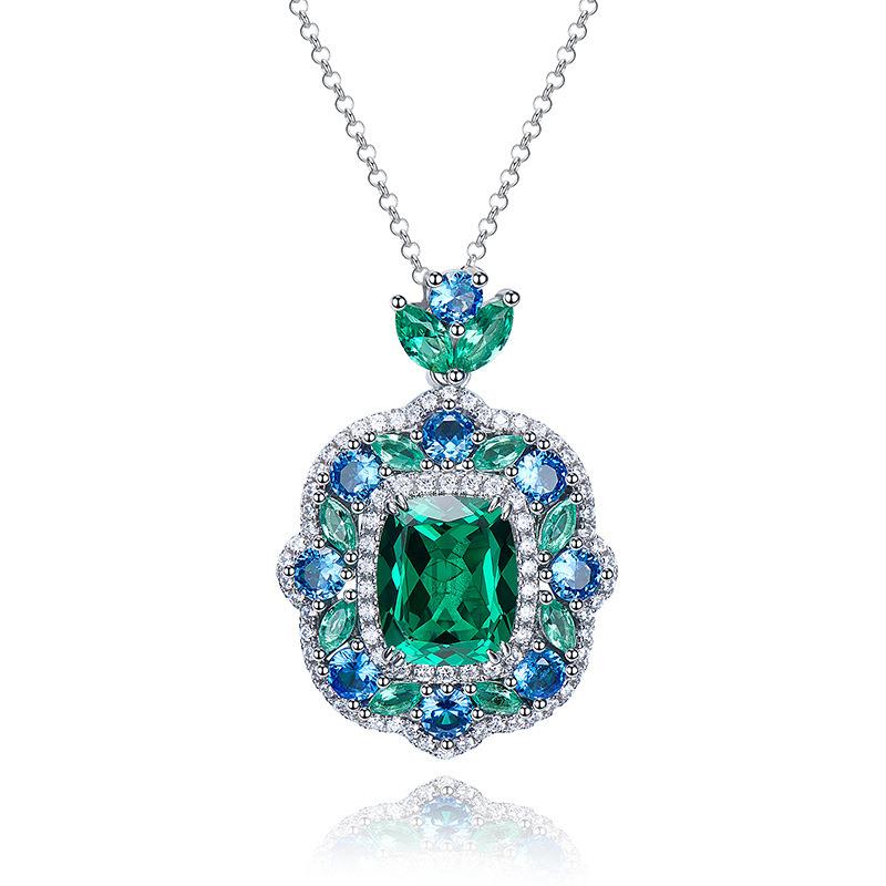 Simulation Retro Colored Treasure Pendant Necklace Colored Treasure Earrings Set Jewelry Emerald Female Stud Earrings Zircon Ring