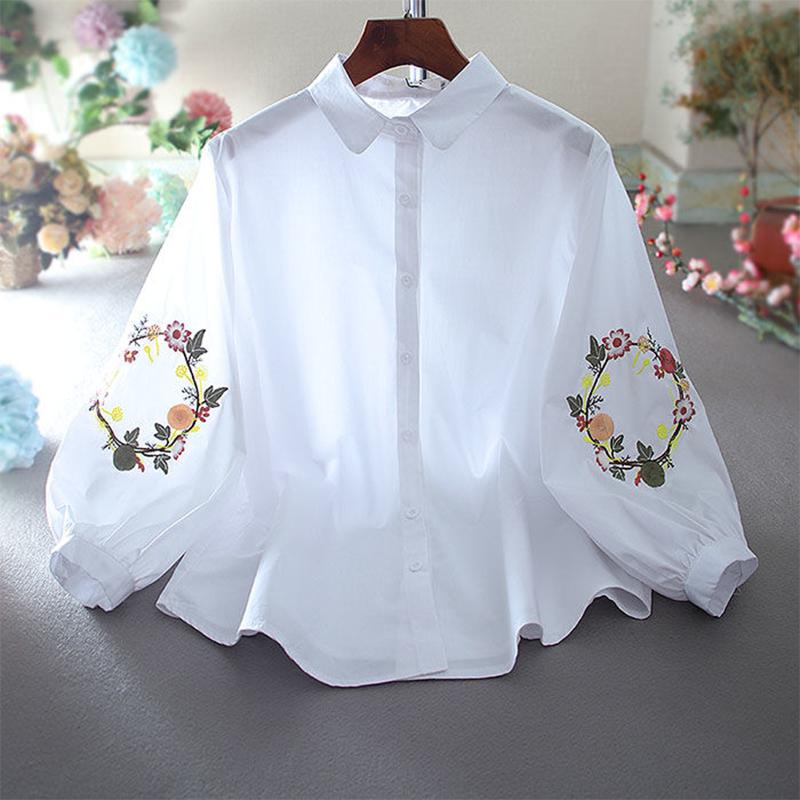 Korean Retro Loose Shirt Casual Style Blouse Small Fresh Lapel Embroidery Flower All-match Shirt Blouse