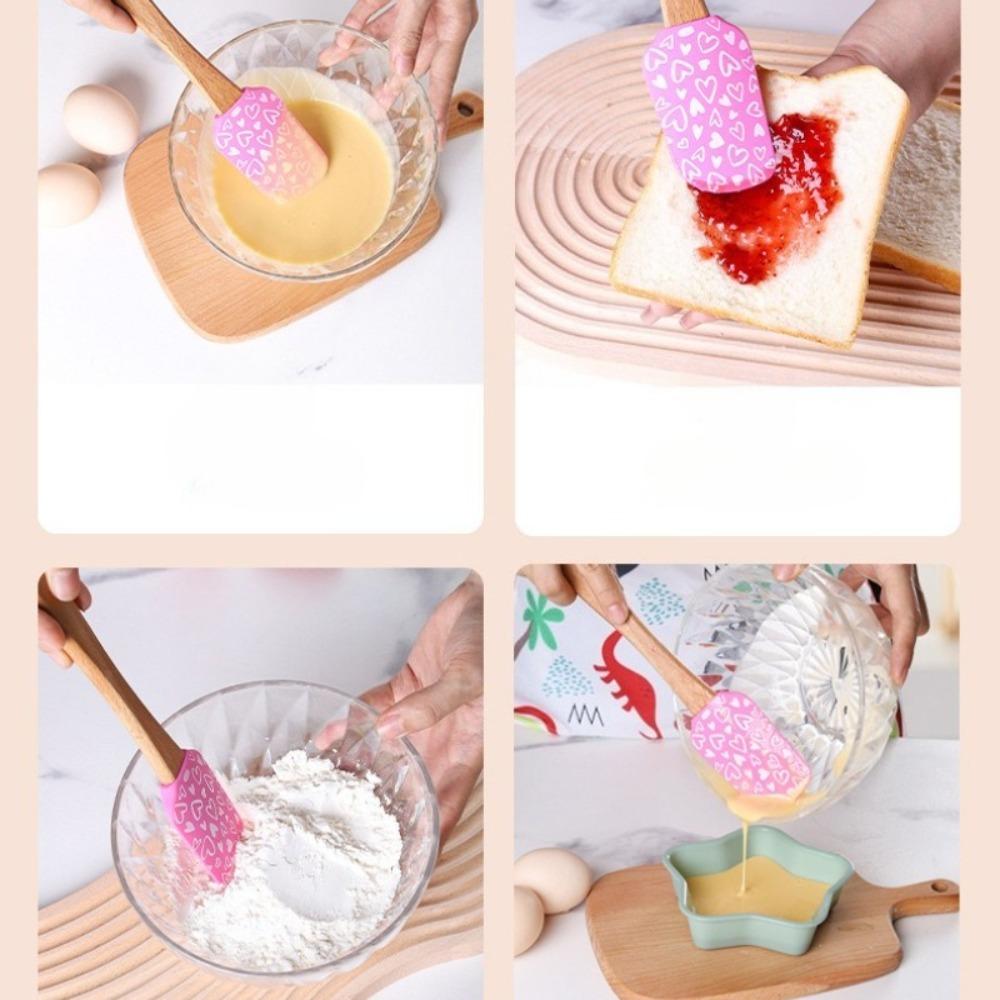 3 Pcs Wooden Handle Silicone Spatulas Heat Resistant Baking Spatulas with Pink Satin Ribbon Bows for Cooking Baking Tools