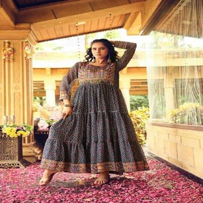 Vibrant Bandhani Printed Anarkali Gown with Embroidered Yoke - Black & Orange