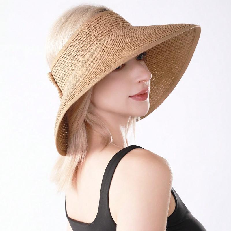 1pc Sun Visor Hats for Women Wide Brim Straw Roll-Up Ponytail Summer Beach Hat UV UPF Packable Foldable Travel Boho Bow