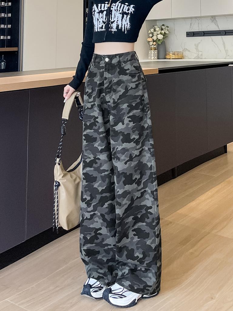 Women's High Waist Wide Leg Camo Jeans Loose Straight Denim Pants Vintage American Camouflage Slimming Casual Spring Trousers