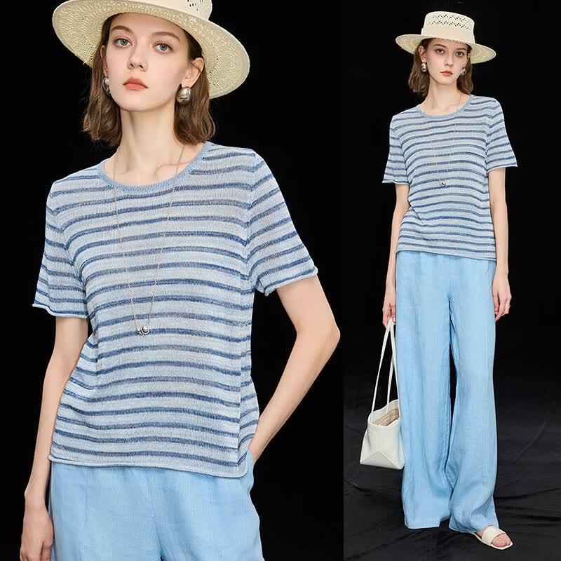 Wudao Women s Relaxed Fit French Striped T-Shirt L