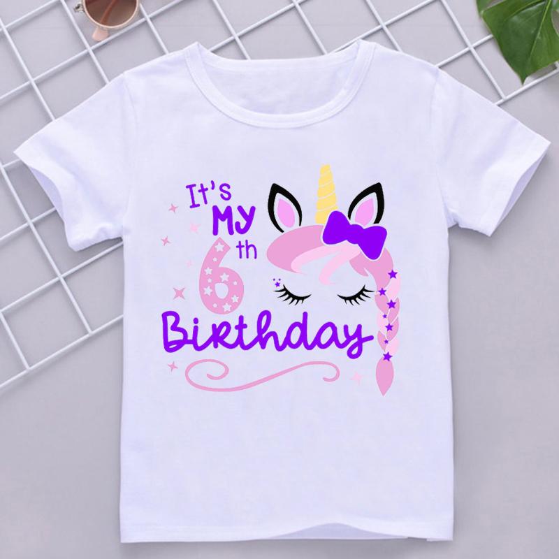 Kawaii Unicorn Face Eyelashes Number Tshirt It's My 3-9th Birthday T Shirt Kids Clothes Girl T-Shirt Short Sleeve T-Shirts