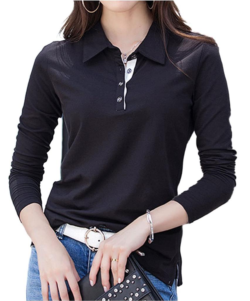 Three Joy Long Sleeve Polo Plus Office Size S Women's Shirt, Quick-Drying, Size, Two-Tone, Cotton, Casual, Black,
