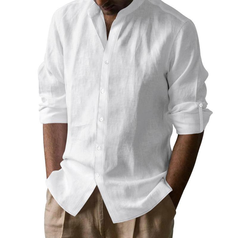 Men Solid Linen Stand Collar Casual Loose Long Sleeve Breathable Shirt