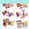 Entzückendes Holzpuppenhaus-Möbelset für Kinder mit farbenfrohen Schlafzimmer-, Küchen- und Wohnzimmer-Accessoires