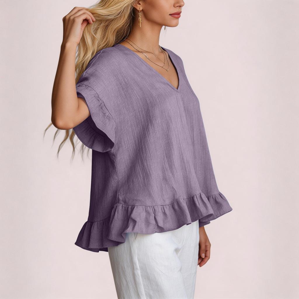 Women's Ruffled V-Neck Shirt Fashionable Casual Short-Sleeved Top