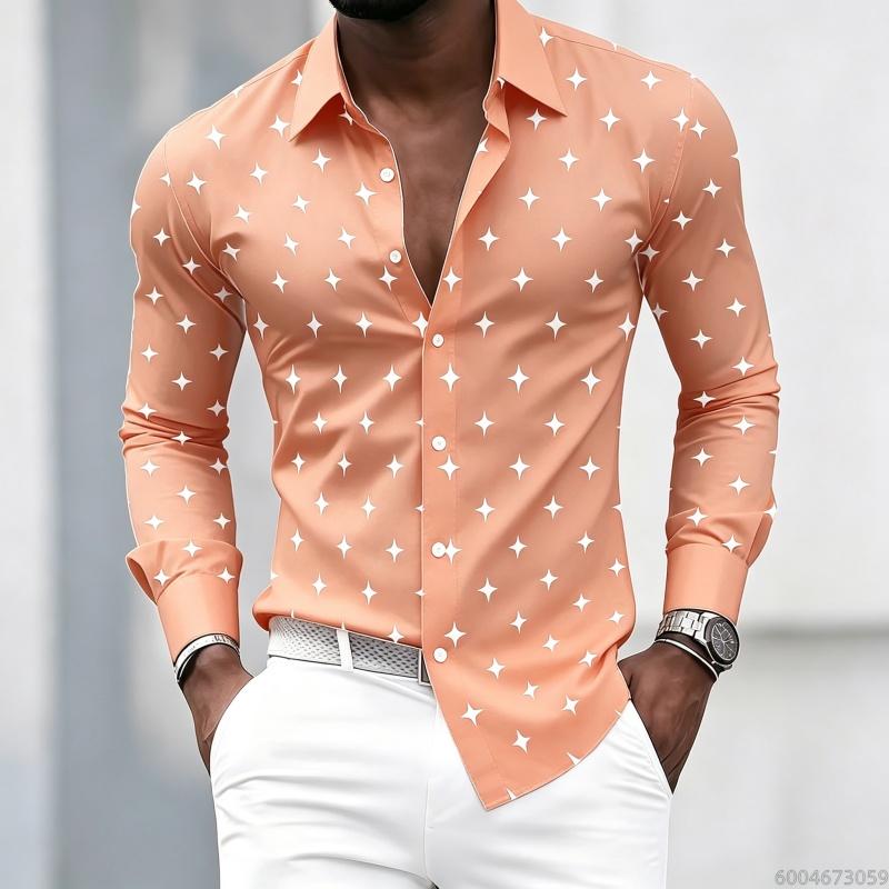 Men's Collared Long-sleeved Shirt, Classic Black Base with White Star Print, Slim Fit, Suitable for Commuting and Going Out.