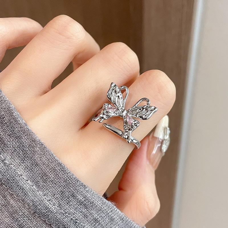 Butterfly Pink Zircon Niche Design Open Ring Set, Personalized Light Luxury High-End French Pleated Index Finger Ring