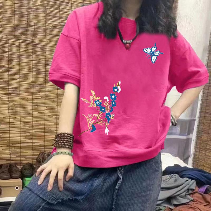 

Женская повседневная футболка из 100% хлопка с коротким рукавом - Новый облегающий дизайн свободного кроя, Большой размер, Модный топ с принтом M (85-100 jin) розы красного