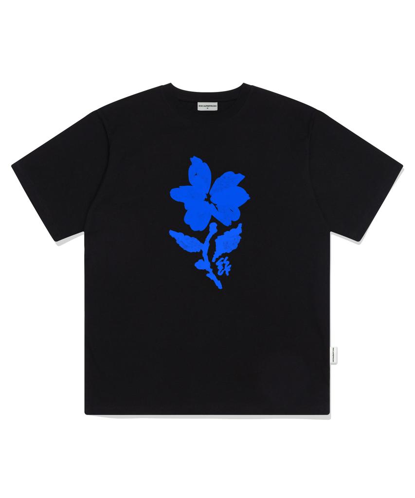 ESCAPEFROM Nostalgia Blue Flower Print Oversized Short Sleeve T-Shirt Black