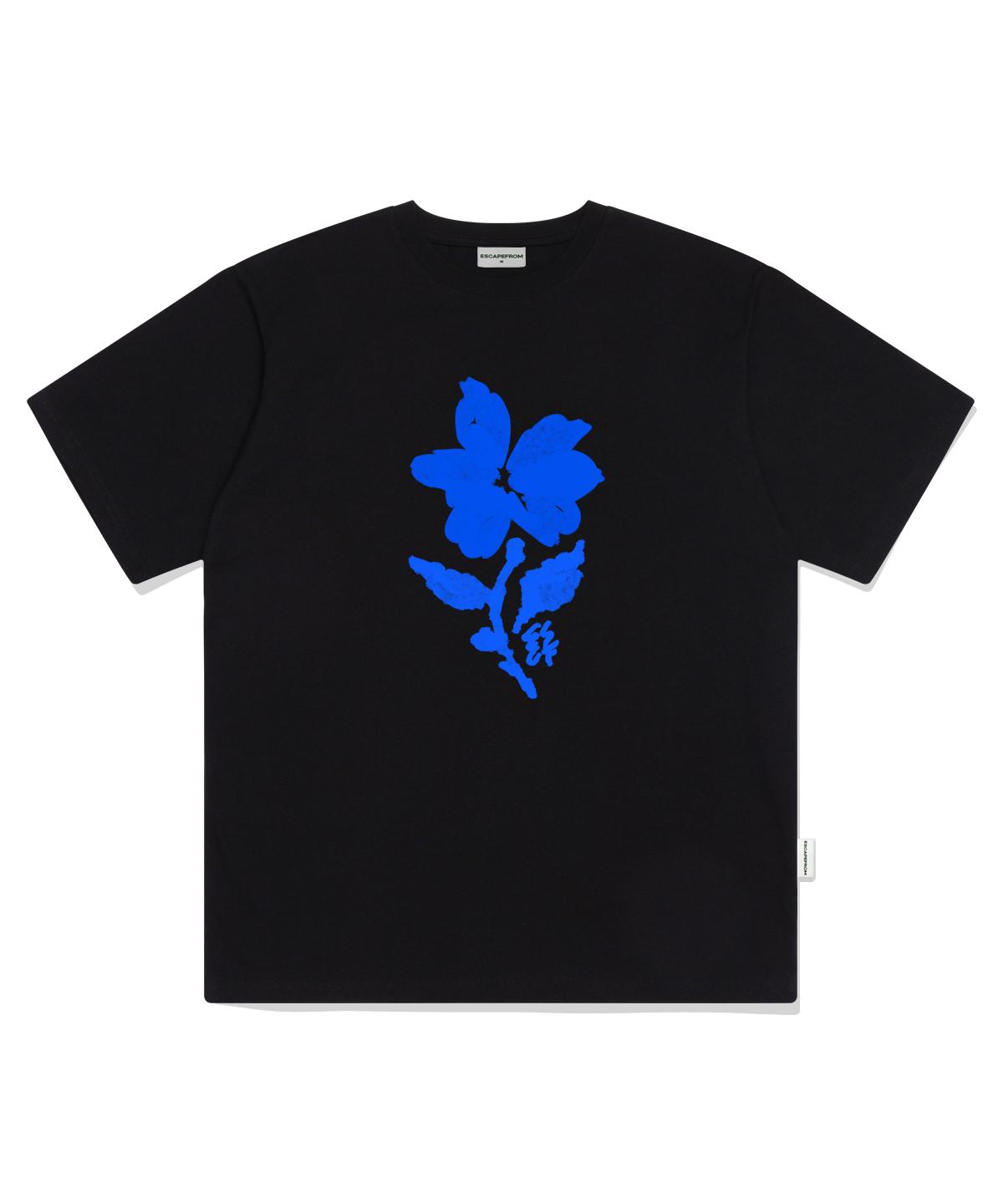 Escape From Nostalgia Blue Flower Print Oversized Short Sleeve T-Shirt Black L