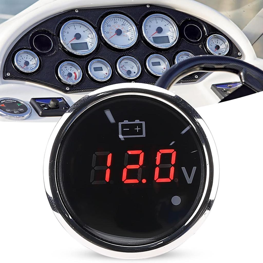 Voltage Gauge Battery Voltmeter 2in LED Digital Display Voltmeter, IP67 Waterproof Voltage Gauge Smart Alarm Voltage Gauge Universal for Boat