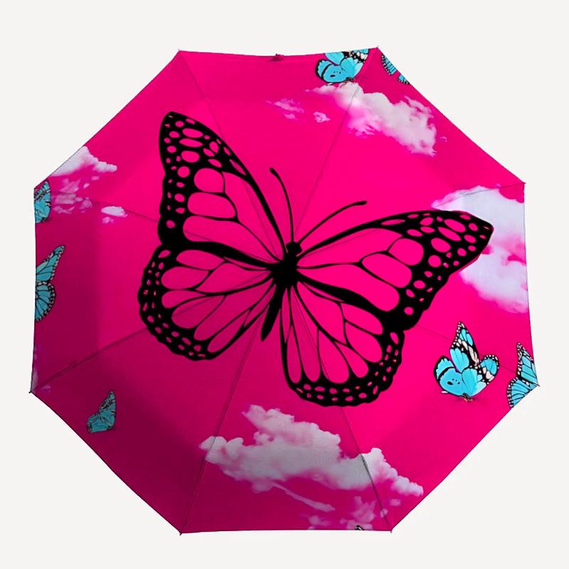 1pc Butterfly Pink Sky Automatic Folding Umbrella, 8-Rib Iron Frame, Casual Outdoor Accessory for Birthday Festival Gifts yy251128186