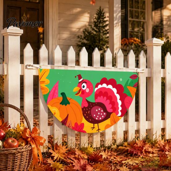 Semicircular Autumn Party Supplies Fall Bunting Fan Flag for Outside, 1.5 X 3ft Turkey Pumpkin Maple Eucalyptus Leaf Holiday Pattern Hanging