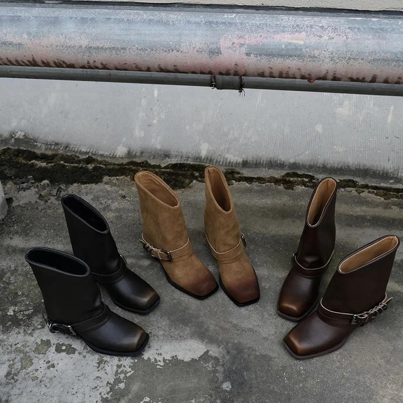 Fashion Retro Metal Decoration Buckle Strap Women Boots Crude Heel Square Toe Ladies Short Boots Street Style Hand-made
