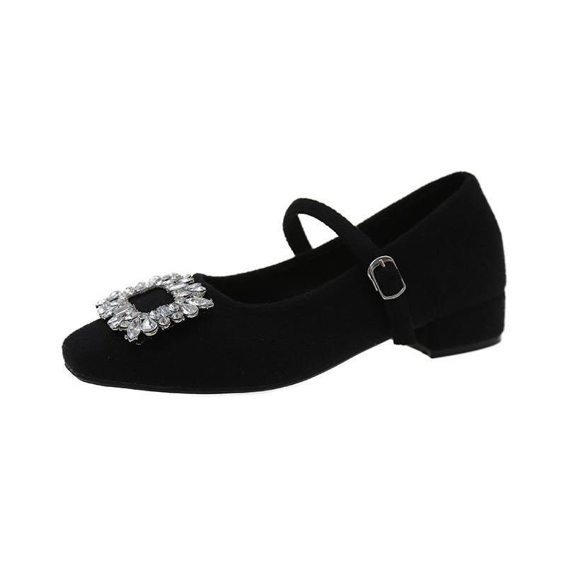 Vielseitige Dicke Absatz Einzelne Schuhe Damen Rock Frühling Neu Strass Samt Warm Mary Jane High Heels Tide