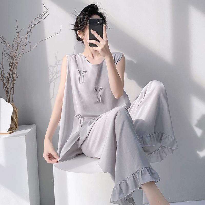 Summer Crew Neck Sleeveless Vest Two-piece Set Cotton and Silk Pajamas Women's Summer Cotton Silk Women's Summer Suit Dress