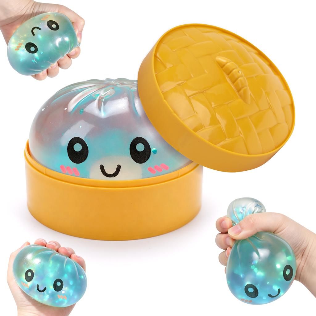 Simulated Steamed Buns Squishy Rebound Soft Squeeze Stress Ball with Bamboo Steamer Box Anti-Stress Toy Sensory Creative Gift