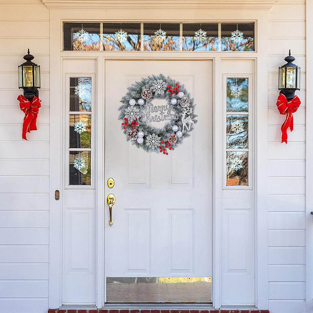 Xmas Wreath for Front Door 15.7 Inch Snow Flocked Artificial Xmas Wreath with Red Berries and Pine Cones for Winter