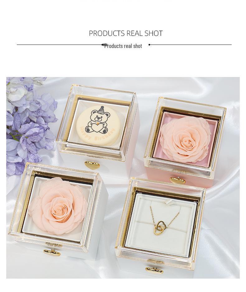 Luxury Rotating Acrylic Jewelry Box with Preserved Rose, Teddy Bear, and Birthday Cake Design