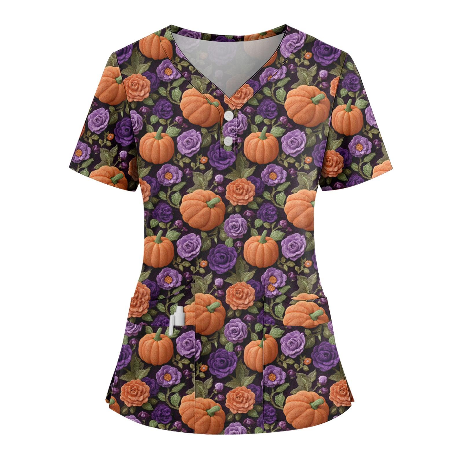 

Женская свободная модная футболка с короткими рукавами, принтом с вышивкой на Хэллоуин, V-образным вырезом, застегивающаяся на пуговицы, с боковым разрезом XXXXL