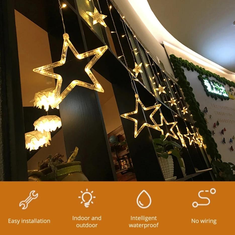 LED Pentagram Curtain Light Indoor Room Decorative Light Wedding Birthday Remote Control Curtain Lamp String with Tail