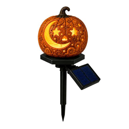 Halloween Party Accessory Solar Pumpkin Garden Stake Light, Waterproof Resin LED Jack O Lantern Lantern, Spooky Yard Lighting for Outdoor