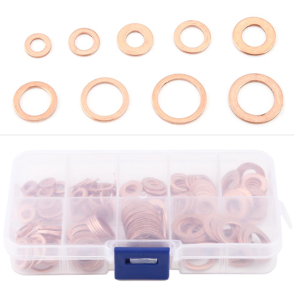 200pcs Copper Washer Gasket Flat Ring Seal Assortment Kit M5 M6 M8 M10 M12 M14