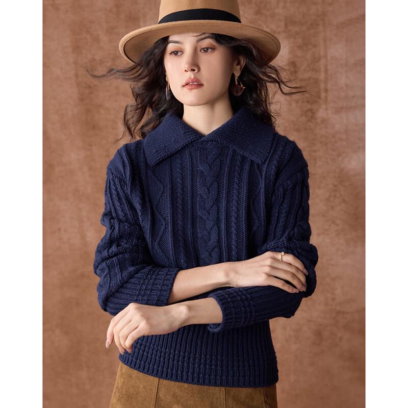 Wudao Women's French Collar Cable Knit Pullover with Sheep Wool Blend