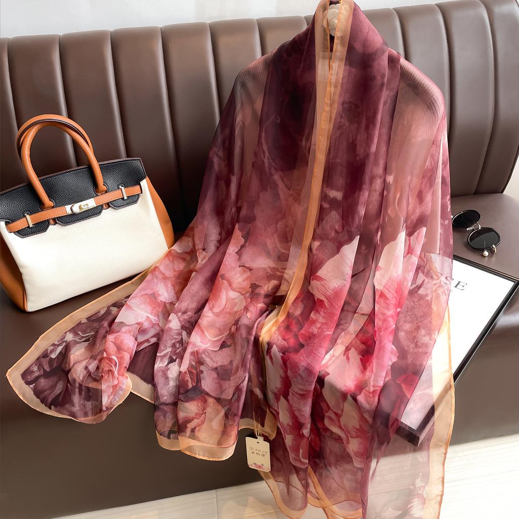 Fashion Silk Scarf Women Foulard Thin Stoles Beach Travel Tippet Floral Long Veil Shawl Luxury Scarves Soft Premium Pareos