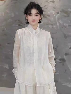 Women's Jacquard Long-Sleeved Shirt with French Lace Collar - 2026 Spring Luxury Collection
