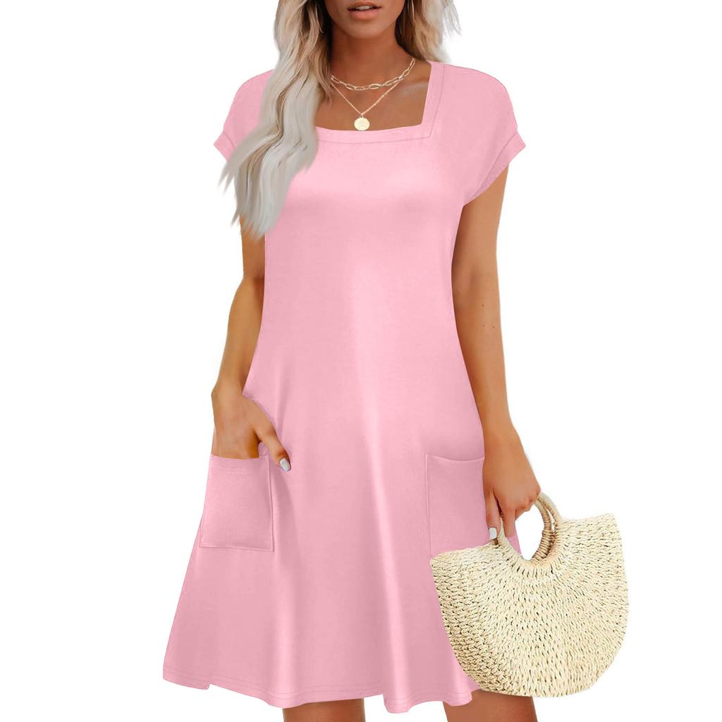 Summer Dresses for Women Loose Square Neck Cap Sleeve Casual Beach Vacation Tshirt Dress Sundresses with Pockets