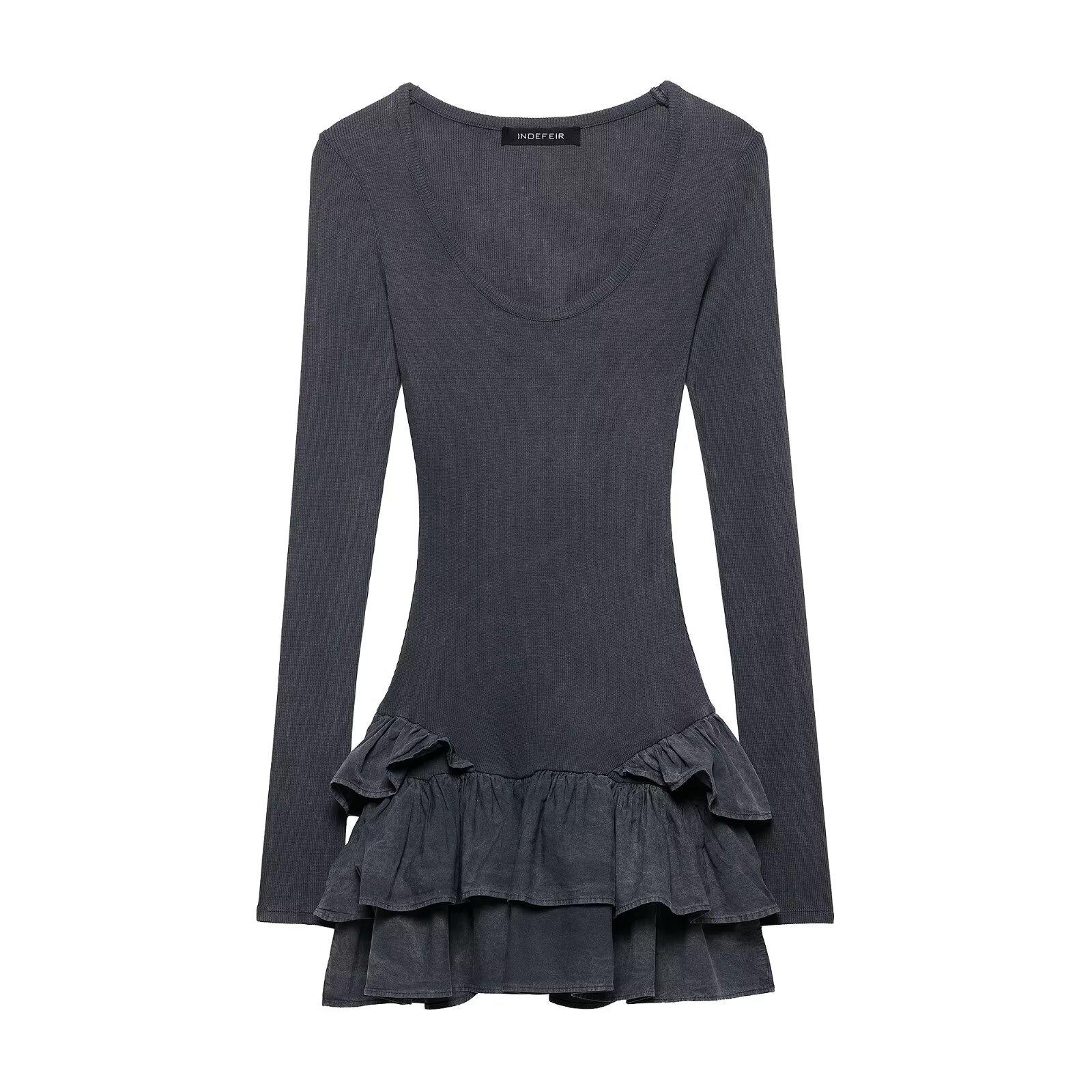 

2025 Spring Women s European & American Layered Washed-Effect Fashion Dress Small темно-серого